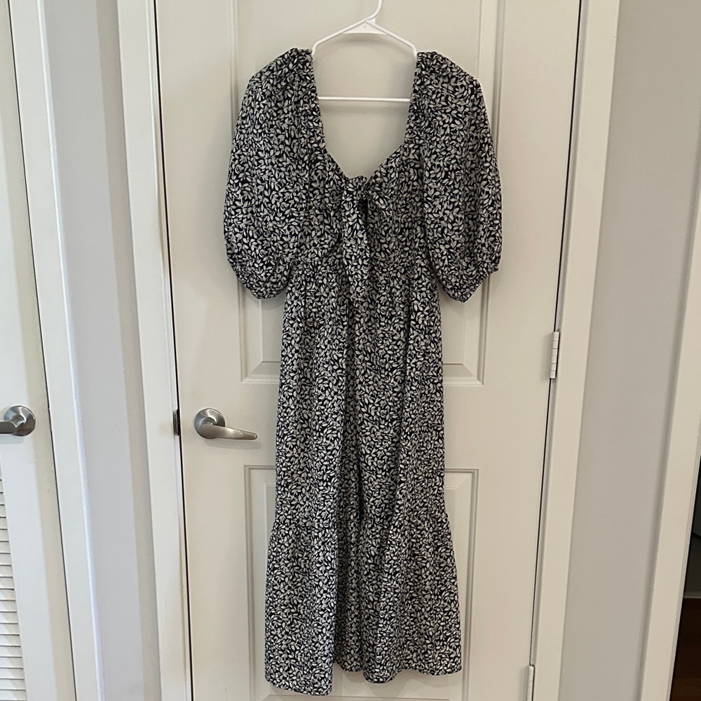 Aqua Black and White Leaf Print Dress